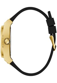 Goldfarbene Smartwatch mit rechteckigem Zifferblatt, schwarzem Gummiarmband und goldenen Hardware-Akzenten. Verfügt über eine zentrale Taste an der Seite.