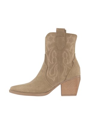 Tan suede ankle boots with a pointed toe, embossed flame design, and a stacked heel. Features a pull tab for easy wear.