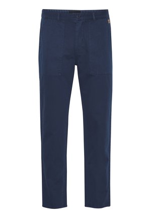 Chinos azul marino de algodón, con un diseño clásico de pierna recta, dos bolsillos frontales y una cinturilla con cierre de botón.