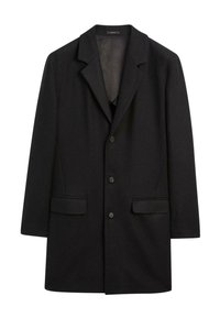 Cappotto in misto lana nero con colletto a risvolto, frontale a un bottone, tre bottoni e due tasche laterali. Texture liscia e design sagomato.