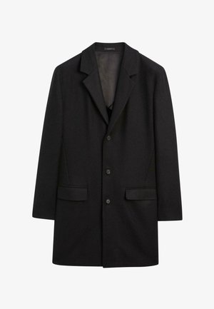 Manteau en mélange de laine noir avec un col à revers, un devant à boutonnage simple, trois boutons et deux poches latérales. Texture lisse et design ajusté.