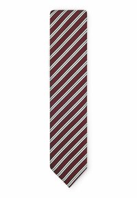 Mørkerød slips med diagonale hvide striber, tekstureret stof, slank form, spids ende og et klassisk design, der er egnet til formelle begivenheder.