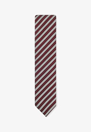 Bordeauxfarbige Krawatte mit diagonalen weißen Streifen, strukturierter Stoff, schlanke Form, zugespitzte Spitze und ein klassisches Design, das für formelle Anlässe geeignet ist.