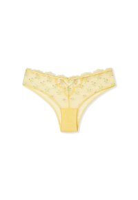 Gelber Spitzen-gesäumter String mit floralem Stickmuster, gepunkteter Textur hinten und einem weichen, durchsichtigen Netz vorne.