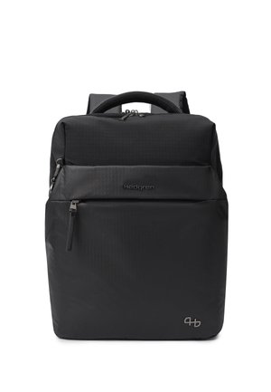 Schwarzer rechteckiger Rucksack mit Tragegriff oben, vorderer Reißverschlusstasche und gepolsterten Schultergurten, vorne mit Hedgren-Logo.