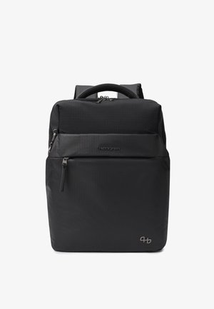Schwarzer rechteckiger Rucksack mit Tragegriff oben, vorderer Reißverschlusstasche und gepolsterten Schultergurten, vorne mit Hedgren-Logo.