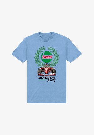 Maglietta azzurro chiaro con un'auto da corsa di Formula 1 rossa sotto un logo Castrol verde e una corona d'alloro, con la didascalia "Motor Oil Racing."