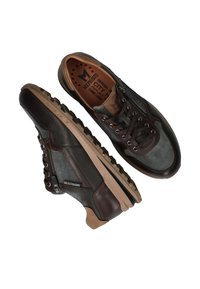 Men's sneakers featuring a mix of brown leather and gray suede, round toe, lace closure, side zipper, and rubber sole with textured tread.