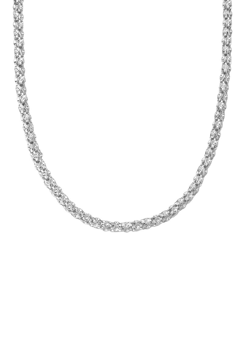 Collana in argento con design attorcigliato, composta da diversi anelli circolari e una texture liscia. Superficie elegante e riflettente.