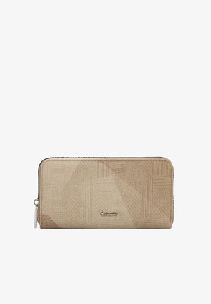 Portefeuille beige à fermeture éclair tout autour avec un motif géométrique texturé subtil et un petit logo métallique de la marque centré sur le devant.