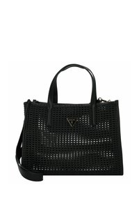 Zwarte geweven handtas met stevige leren handvatten. Heeft een logo plaque en een gestructureerd ontwerp met een afneembare schouderband.