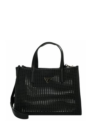 Borsa a tracolla intrecciata nera con manici in pelle robusta. Presenta una placca con logo e un design strutturato con una tracolla removibile.