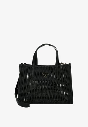 Borsa a tracolla intrecciata nera con manici in pelle robusta. Presenta una placca con logo e un design strutturato con una tracolla removibile.