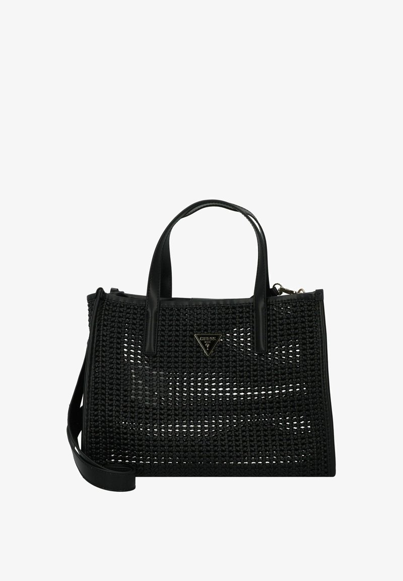 Zwarte geweven handtas met stevige leren handvatten. Heeft een logo plaque en een gestructureerd ontwerp met een afneembare schouderband.