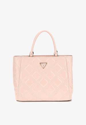 Rosa gesteppte Handtasche mit glänzendem Finish, ausgestattet mit zwei Henkeln und einem dreieckigen Logo-Akzent auf der Vorderseite.