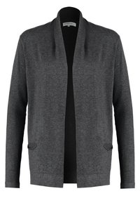 Grafitowo szary kardigan wykonany z miękkiego dzianinowego materiału, z otwartym przodem, długimi rękawami i dwoma przednimi kieszeniami. Minimalistyczny design.