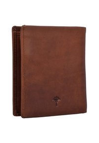 Portafoglio in pelle marrone con una superficie liscia, design pieghevole e logo ad albero impresso sul davanti. Presenta cuciture visibili e bordi puliti.