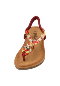 Sandalo infradito intrecciato rosso e multicolore con punta arrotondata, dotato di un accento a forma di cuore in argento e di una soletta morbida e testurizzata.