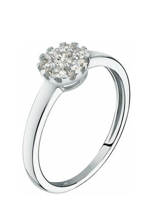 Runder Diamant-Clusterring mit einem polierten Silberband, das mehrere kleine Diamanten in einer floralen Anordnung an der Oberseite beherbergt.