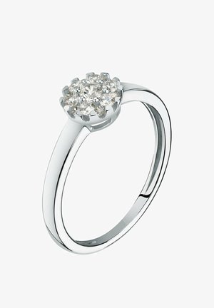 Runder Diamant-Clusterring mit einem polierten Silberband, das mehrere kleine Diamanten in einer floralen Anordnung an der Oberseite beherbergt.