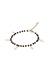 Náramek z černých korálků s akcenty z pozlaceného kovového listu a nastavovacím řetízkovým zapínáním. Hladký povrch s lesklým finišem.