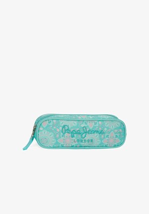 Estuche rectangular turquesa con dibujos florales y "Pepe Jeans London" bordado en el frente, cierre con cremallera en la parte superior.