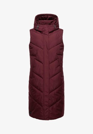 Maroon sleeveless puffer vest with a hood, featuring chevron stitching, front zip closure, and two side pockets. Smooth, insulated fabric.