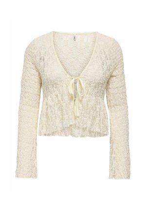Cream lace long-sleeve cropped blouse with V-neck and front tie closure, featuring a textured floral pattern and slightly flared hem.