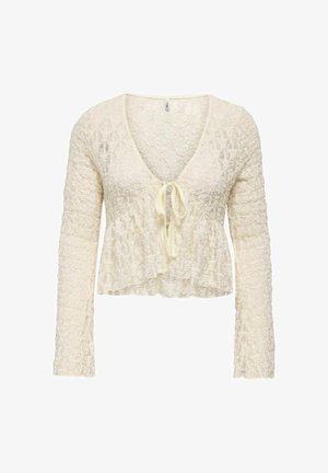 Kremowa koronkowa krótka bluzka z długim rękawem, dekoltem w serek i zawiązywaniem z przodu, zdobiona teksturowanym kwiatowym wzorem i lekko rozszerzanym dołem.