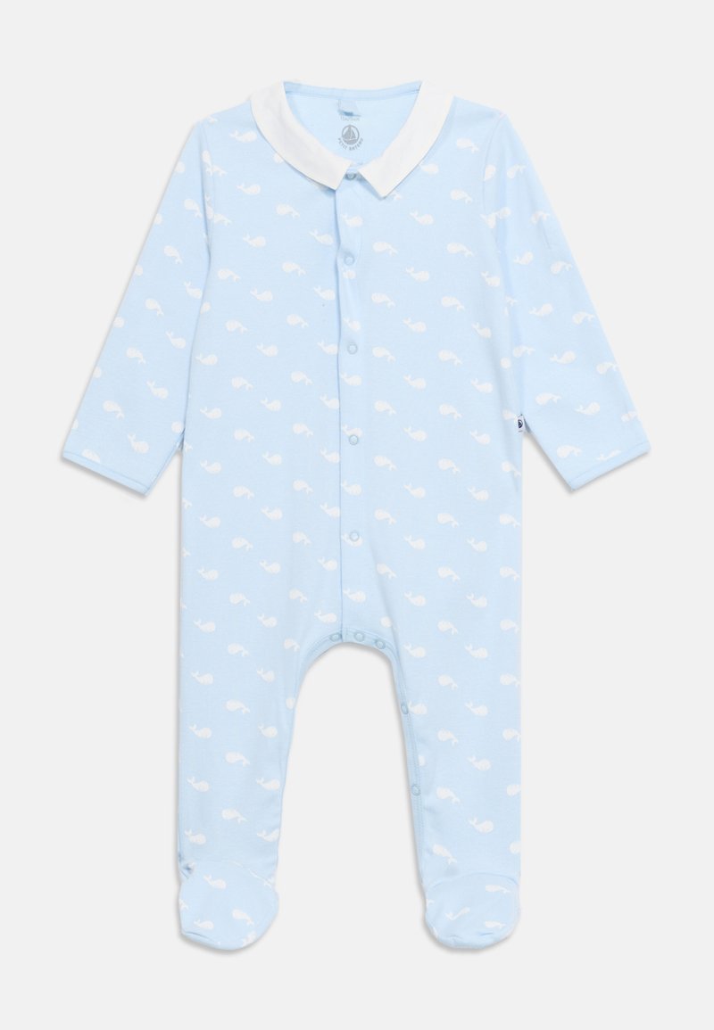 Φωτεινό γαλάζιο μανίκι μακρύ κορμάκι μωρού με μοτίβο λευκής φάλαινας, λευκό γιακά και κουμπώματα με κουμπιά μπροστά και στα πόδια.