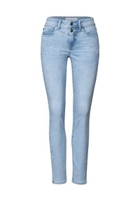 Jeans in denim azzurro chiaro con vestibilità skinny, chiusura a doppio bottone in vita e classico design a cinque tasche con leggere sfumature.