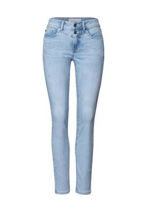 Světle modré džíny z denimu s úzkým střihem, dvojitým knoflíkovým zapínáním v pase a klasickým pětipočtovým designem s jemným přehybem.