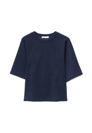 Felpa a maniche corte blu navy con scollo rotondo e vestibilità rilassata su sfondo bianco.