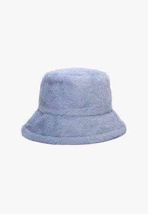 Cappello a secchiello in finta pelliccia blu chiaro con una larga brim arrotondata, texture morbida e design semplice e senza cuciture. Ideale per un look casual.