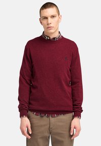 Burgundy rundhalsad tröja i stickad kvalitet, med ribbade ärmslut och nederkant, bärs över en rutiga skjorta och är matchad med beige byxor.