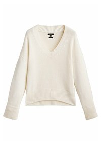 Pull col en V couleur crème avec poignets et ourlet côtelés. Confectionné en maille douce, il présente une coupe décontractée et des épaules tombantes pour plus de confort.
