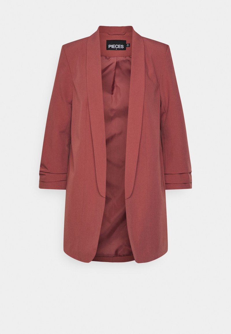 Blazer pour femme couleur rouille avec manches trois-quarts et devant ouvert, doté d'une doublure satinée lisse et de l'étiquette "PIECES".