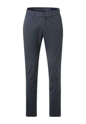 Marineblaue maßgeschneiderte Hose aus strukturiertem Stoff, gerade geschnitten, mit Reißverschluss, einem Knopfverschluss und Gürtelschlaufen an einem strukturierten Bund.