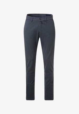 Marineblaue maßgeschneiderte Hose aus strukturiertem Stoff, gerade geschnitten, mit Reißverschluss, einem Knopfverschluss und Gürtelschlaufen an einem strukturierten Bund.