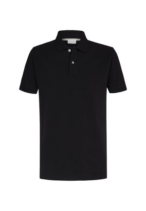 Zwarte polo shirt van katoen, met een drieknopssluiting en een zachte, gladde textuur. Korte mouwen en een klassiek kraagontwerp.
