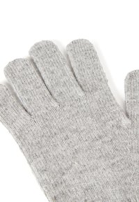 Šedé pletené rukavice s texturovaným povrchem, obsahující pět samostatných prstových sekcí a jednoduchý, konzistentní vzor po celém povrchu.