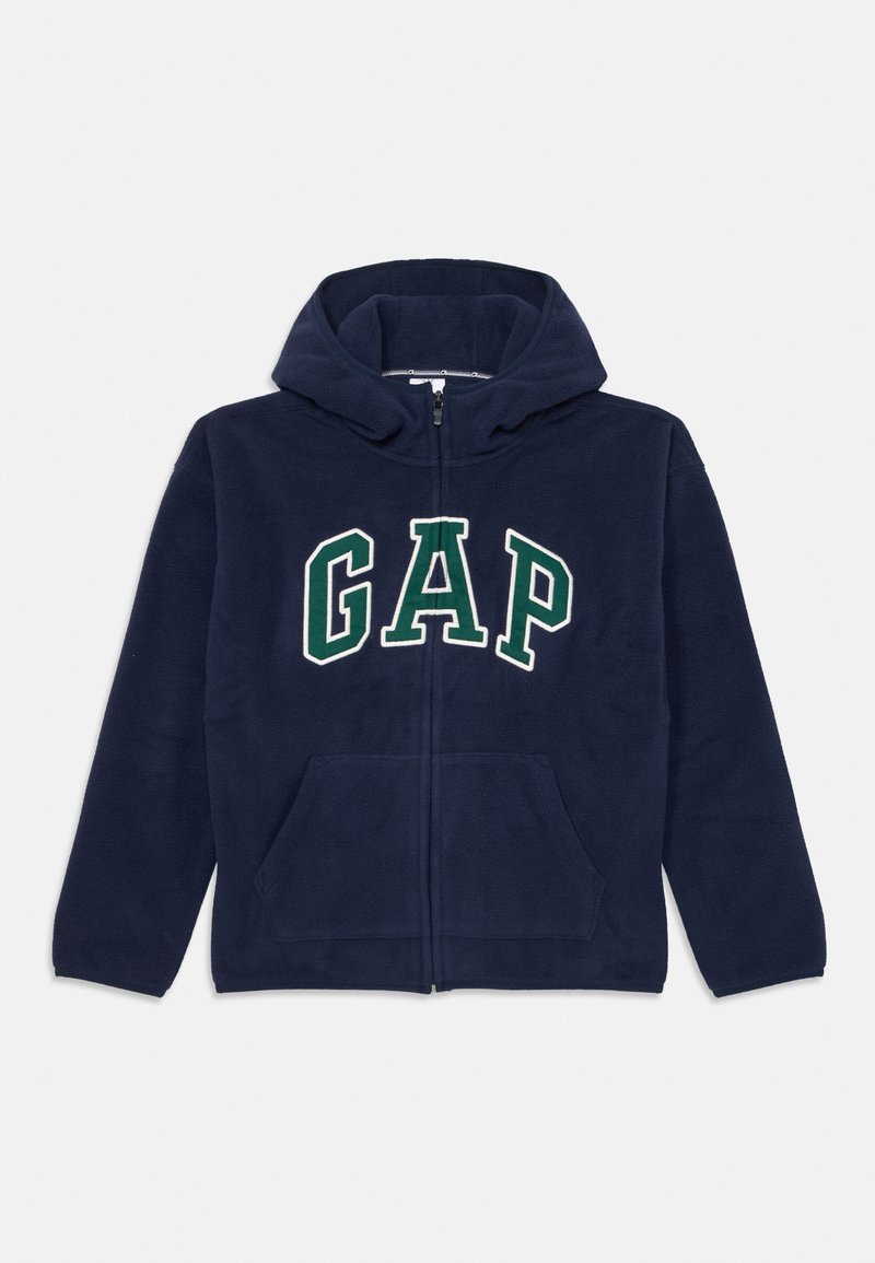 Navy blue fleece hoodie with front zip, large "GAP" logo in white and green, two front pockets, and a drawstring hood.