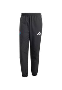 Black athletic pants with an elastic waistband, tapered legs, white stripes along the sides, and colorful logo accents on the front.