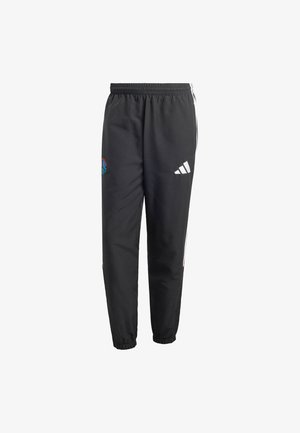 Pantalones deportivos negros con cintura elástica, patas acampanadas, franjas blancas a lo largo de los lados y acentos de logotipo coloridos en el frente.