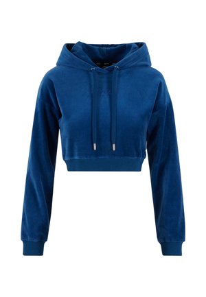 Orezaná modrá zamatová mikina s kapucňou, so šnúrkami, dlhými rukávmi a ribbed manžetami. Na prednej strane sa nachádza jemná logo výšivka.