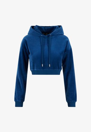 Izgriezta zila samta kapuce ar auklām, garām piedurknēm un ribotām aprocēm. Priekšpusē ir smalka logotipa apdare.