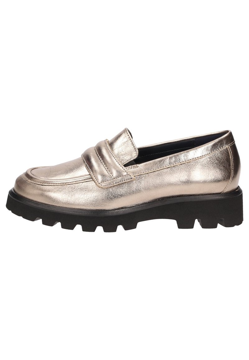 Metallic gold Loafer mit gepolstertem Fußbett, breitem Riemen und einer massiven schwarzen Gummisohle mit Grip-Muster.