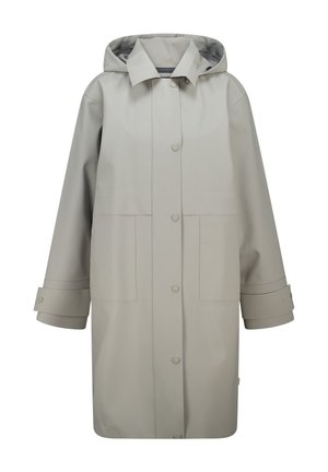 Light gray waterproof coat with a hood, snap-button closure, and two front pockets. Features wide sleeves with adjustable cuffs. Smooth texture.