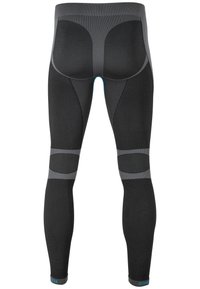 Leggings de sport noirs à coupe moulante, avec une taille texturée gris, des accents au niveau des genoux et une branding bleu contrastant au bas.