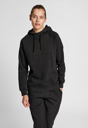 Schwarzer Kapuzenpullover aus weichem Stoff, mit lockerer Passform, gerippten Bündchen und einem Kordelzug für die verstellbare Kapuze.